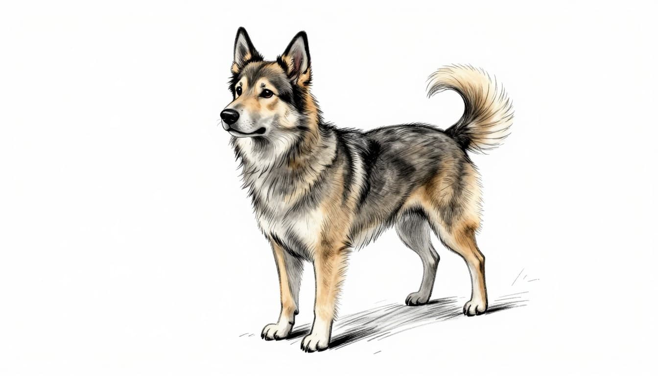 A medium-sized dog barks intensely at the closed living room door with a visitor's shadow visible outside, shown in a dynamic hand-drawn graphite sketch style with grayscale tones.