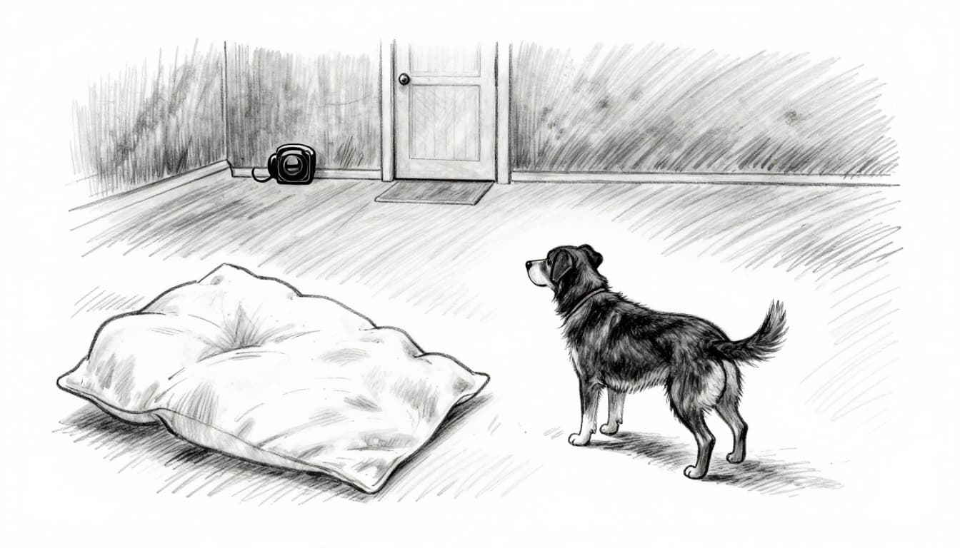Hand-drawn grayscale sketch of a dog obediently trotting to its blanket in a house hallway after a bell rings, relaxed posture, graphite linework with light shading, clean white background, landscape composition.
