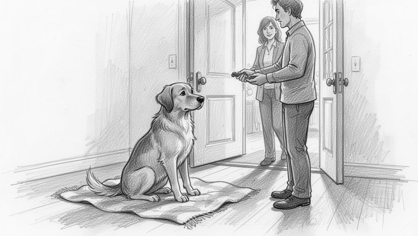 Graphite sketch of dog sitting calmly on hallway blanket as visitor enters open door, owner holds treat.