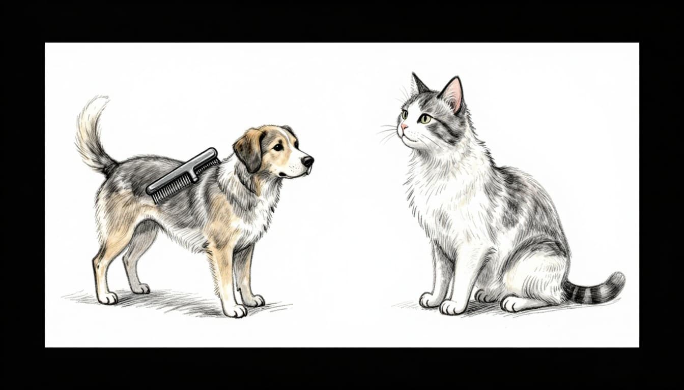 Hand-drawn sketch of a dog and cat side-by-side being brushed with a flea comb on a light surface, with flea dirt falling out. Graphite linework with light shading on clean white paper background.