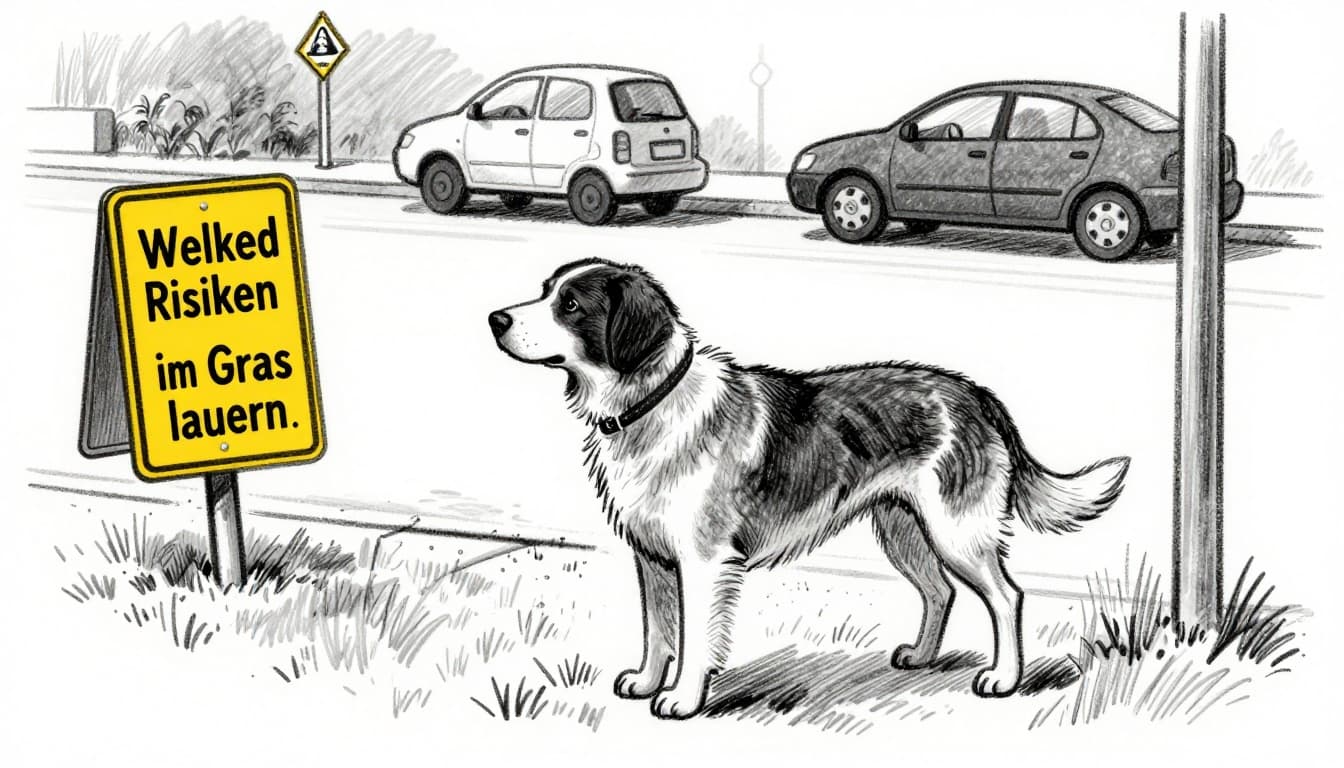 Hand-drawn graphite sketch of a single dog cautiously approaching a tuft of grass at the roadside, with a car in the background and subtle warning symbols like skulls or spray bottles hinting at environmental dangers. Features light shading on clean white paper background, no people, text, or logos.