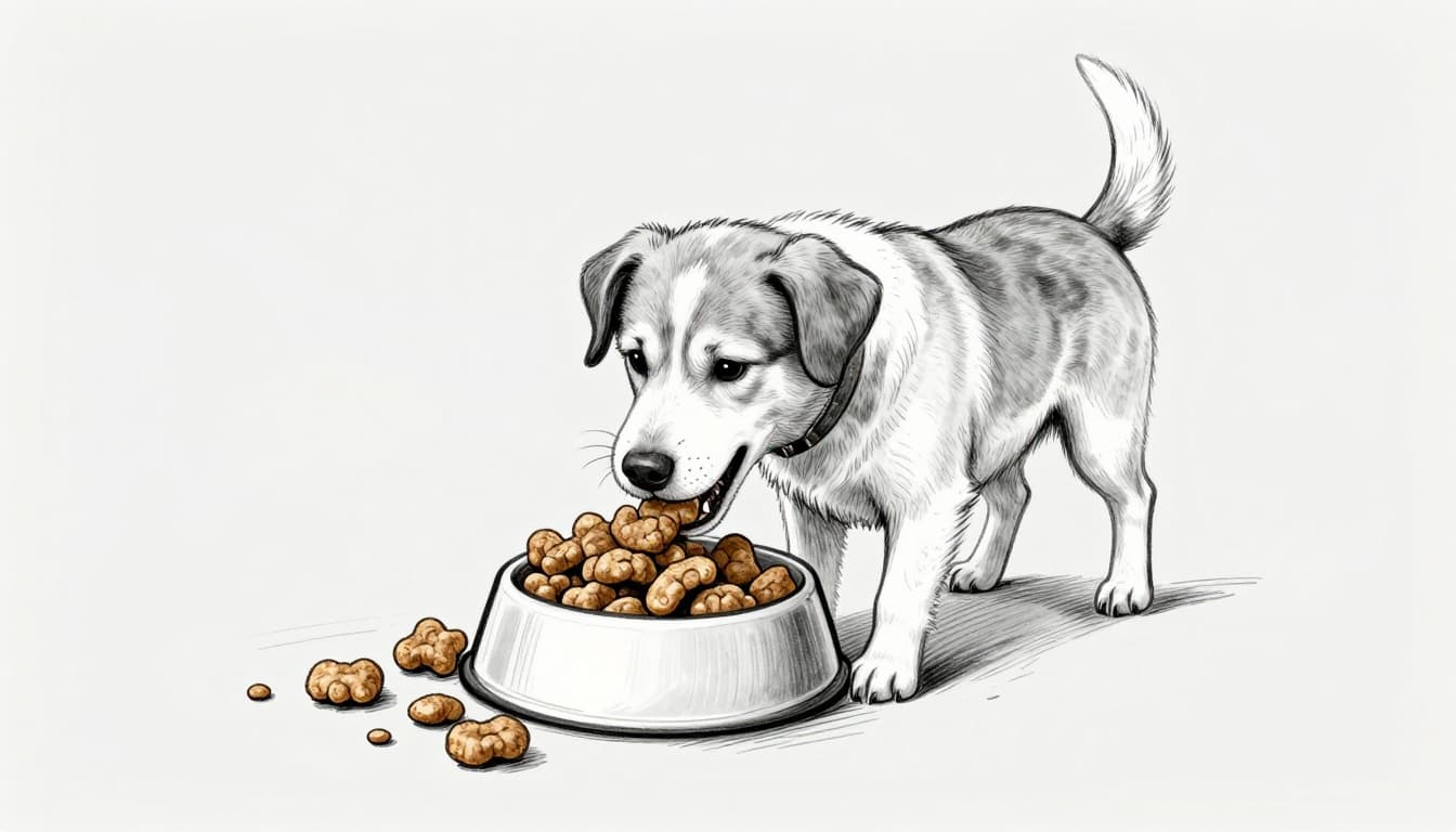 A medium-sized dog happily chewing on large structured dry kibble pieces from a bowl on the kitchen floor, in a hand-drawn grayscale graphite sketch with light shading on clean light gray paper.