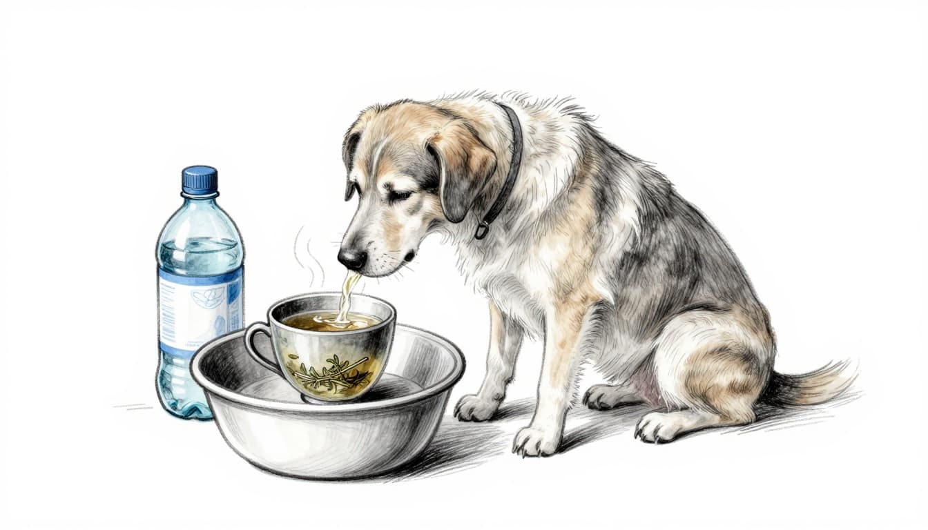 Hand-drawn sketch of a relaxed dog drinking from a bowl of cooled chamomile tea, with a water bottle beside it. Graphite linework, light shading, clean white background, illustrating fluid intake during nil diet.