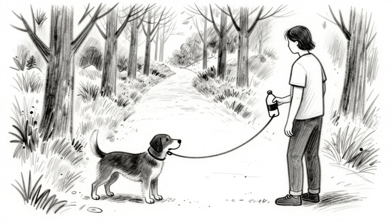 Hand-drawn graphite sketch of a dog drinking from a water bottle held by its owner during a relaxed walk on a tree-lined path, with loose leash and light shading on white background.