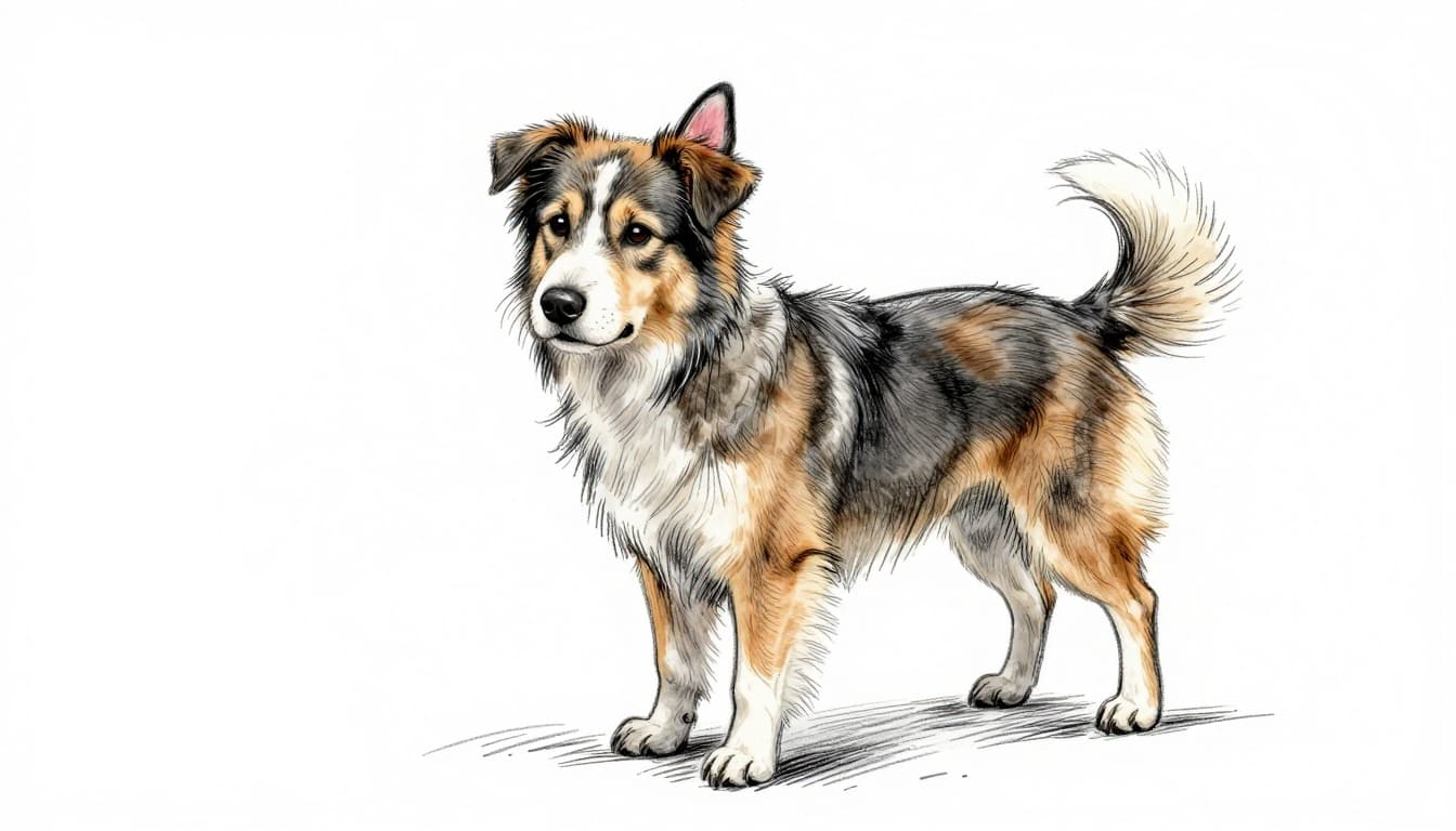 Hand-drawn graphite sketch of a dog shaking its head and scratching its ear, revealing red inflamed skin and crusts around the ears as symptoms of ear mites, in a bright kitchen setting with light shading on clean white paper.