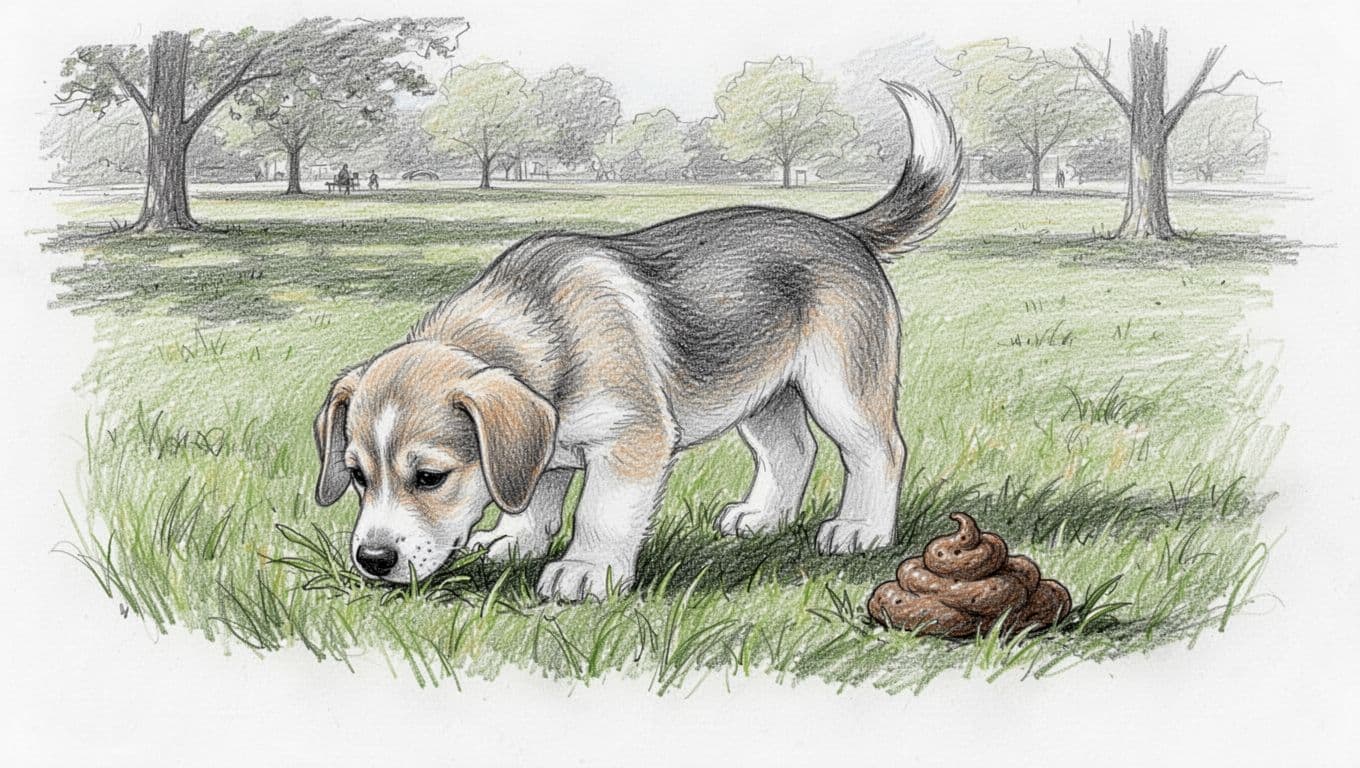 Hand-drawn sketch of a cute dog in park grass eating blades with soft diarrhea poop nearby, graphite linework and light shading on white background.
