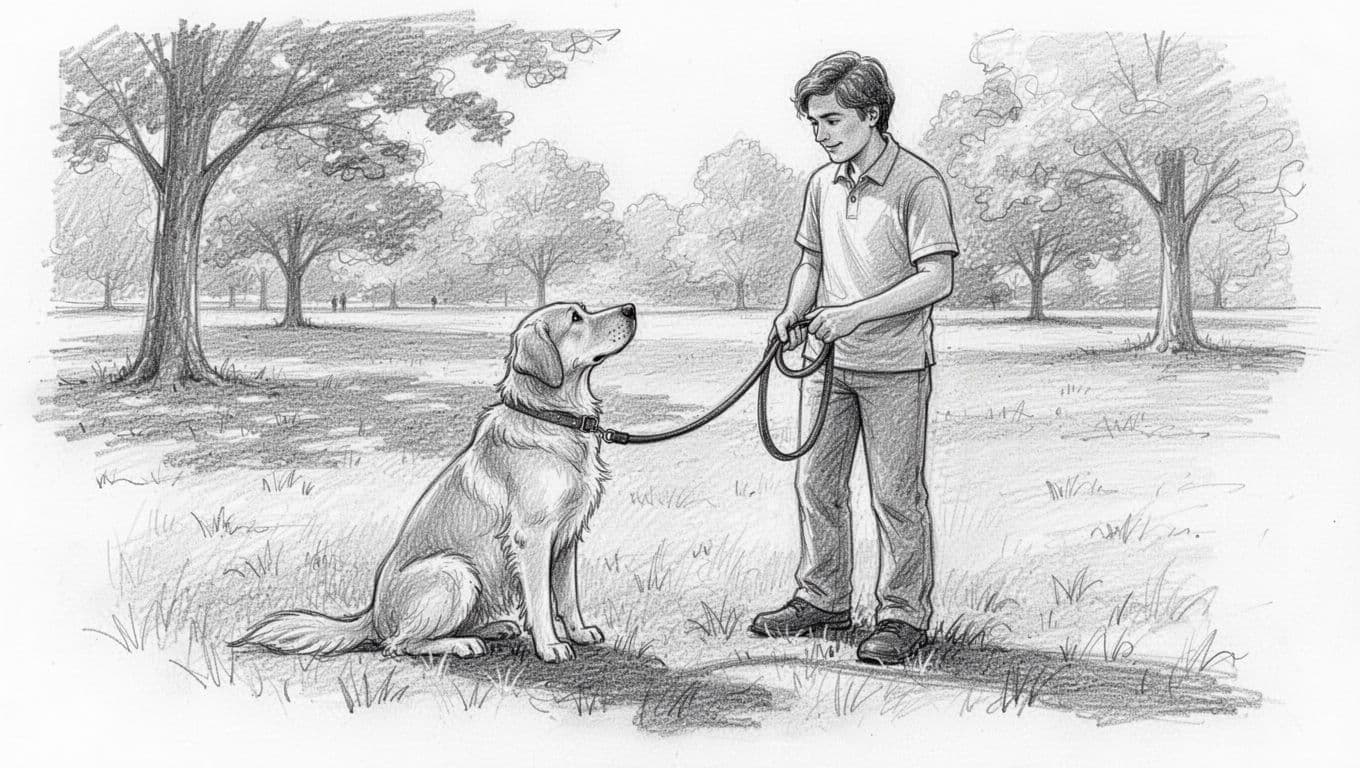 Sketch of dog owner holding leash with both hands as dog sits and looks up in park.