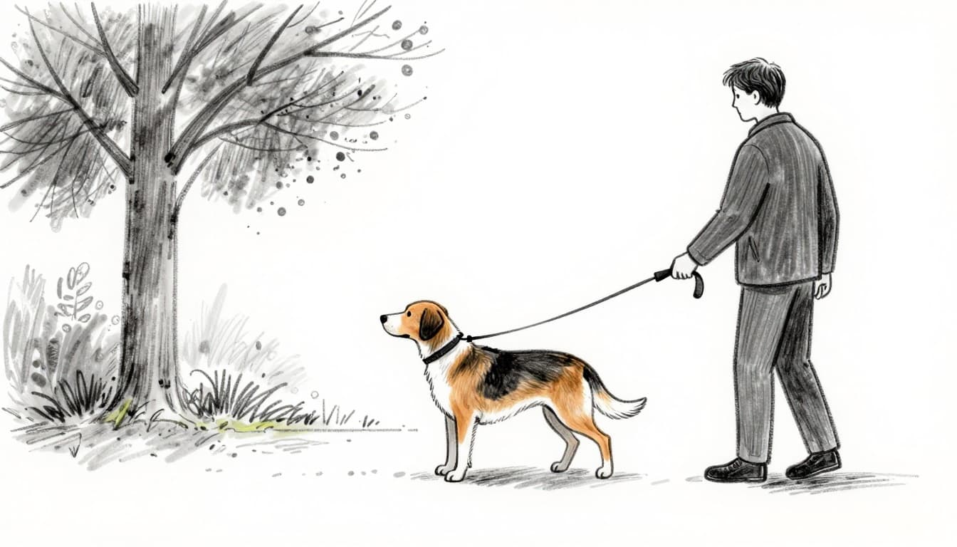 Hand-drawn graphite sketch of a dog trotting attentively forward on a relaxed short leash next to its owner on a quiet garden path, both moving in a straight line with light shading on white background.