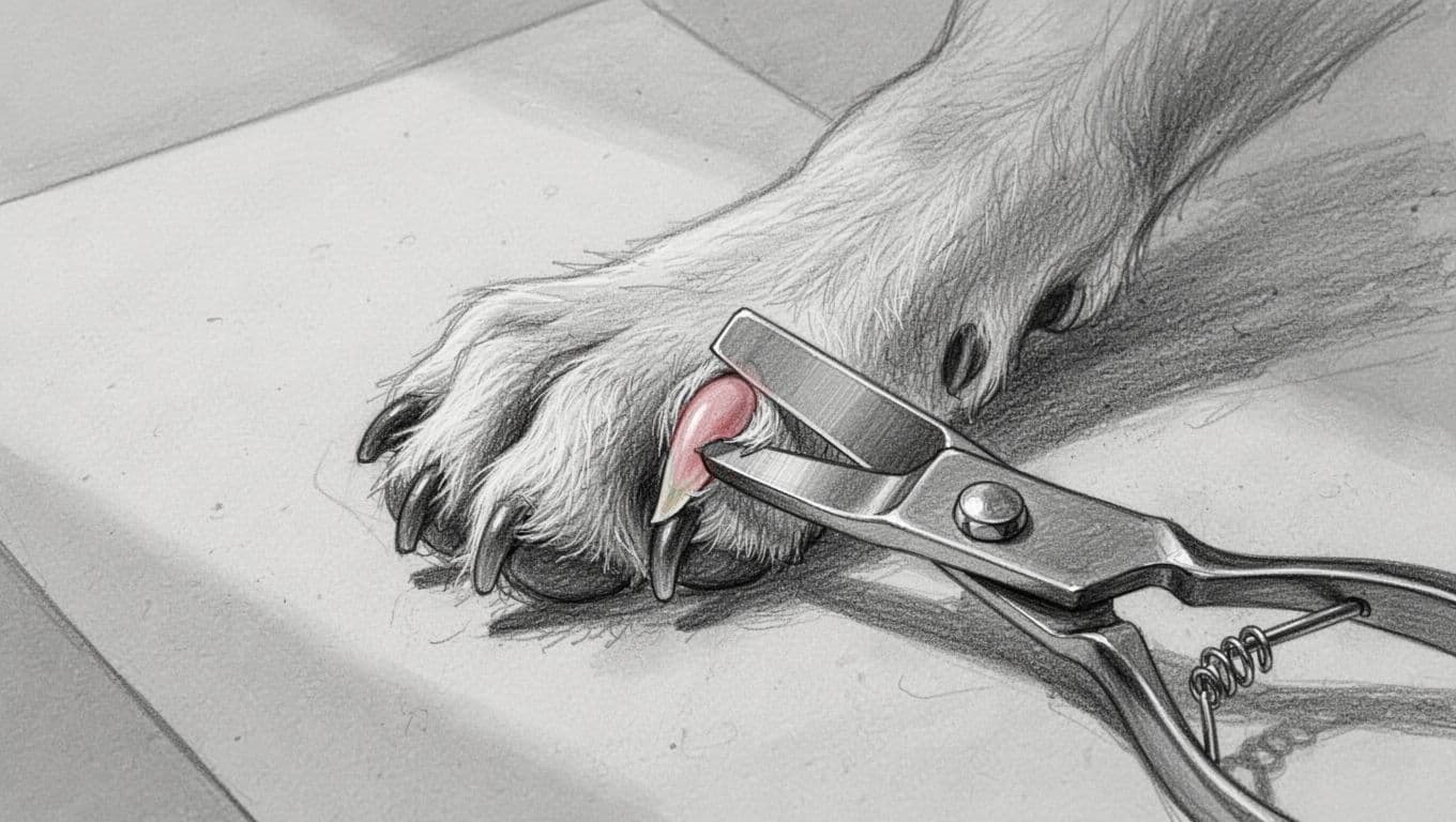 Detailed hand-drawn sketch of a dog's paw nail being clipped at a 45-degree angle, 1-2 mm from the tip, showing the pink quick on a light claw, with paw fixed and clippers in use, on clean light gray paper background.