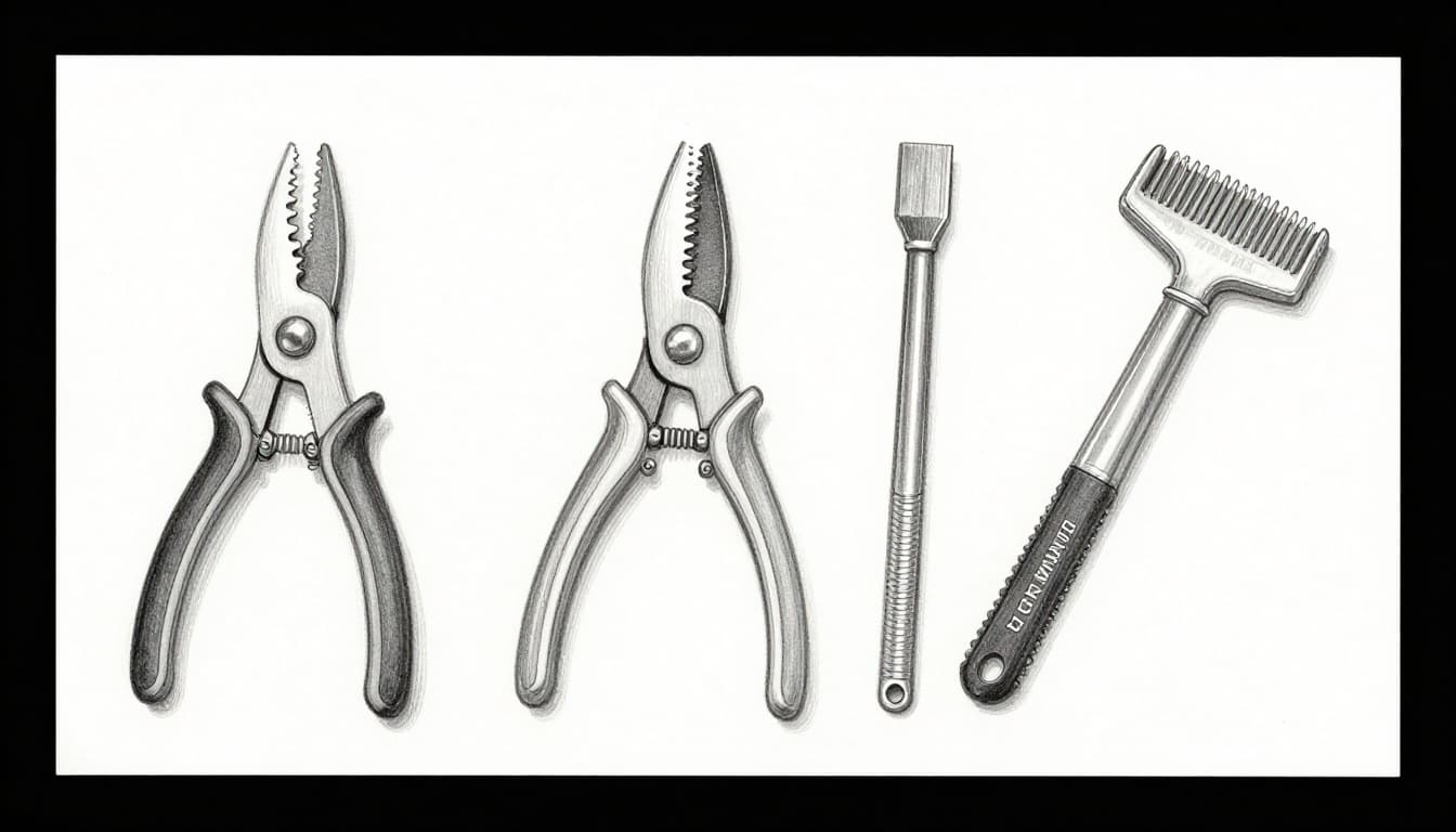 Hand-drawn graphite linework sketch featuring three to four essential tools for trimming dog nails—small dog clippers, guillotine pliers with safety stop, grinder, and file—arranged on a table with light shading and clean white paper background.