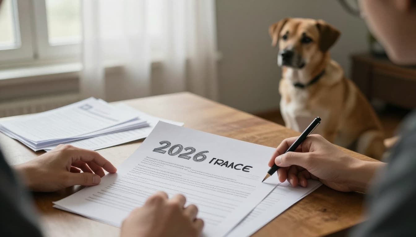 Hand-drawn graphite sketch of a person at a cozy home desk reviewing insurance documents and dog license papers, with a medium-sized dog sitting nearby; window light illuminates the table composition on clean white paper background with light shading, no colors, text, or readable papers.
