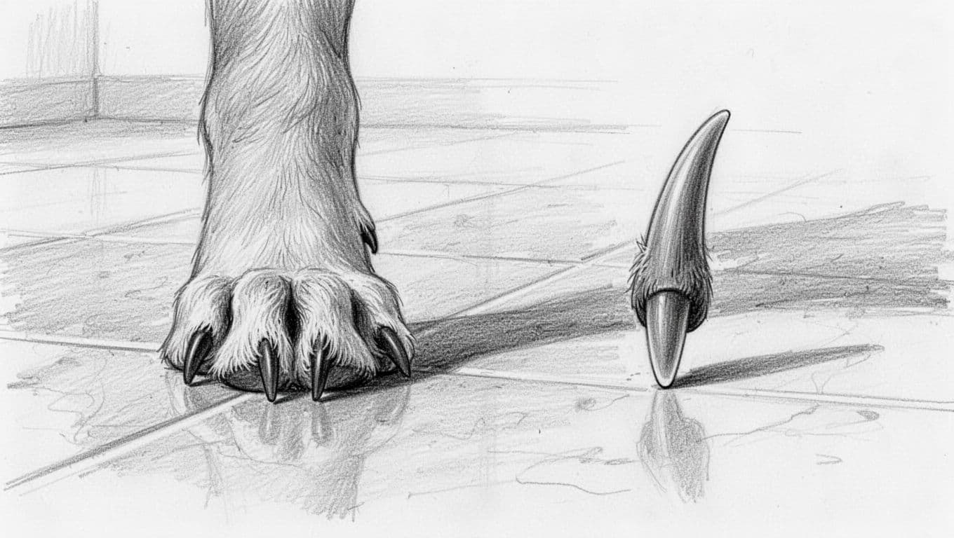 Hand-drawn sketch close-up of a single dog paw standing on hard tile floor, showing overgrown claws protruding and clicking against the ground, with ideal shorter claw length shown beside for comparison.