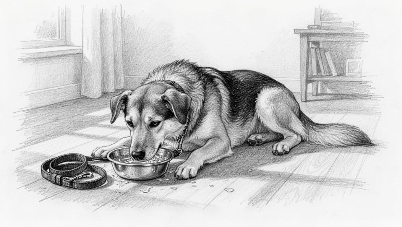 Hand-drawn graphite sketch in grayscale showing a medium-sized mixed-breed dog drinking water from a bowl after a walk, coiled leash nearby, then lying relaxed on the floor in a home setting.