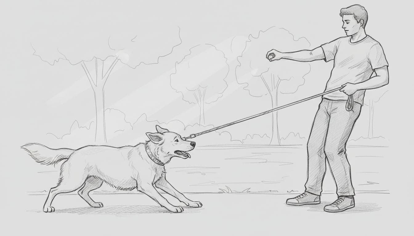 Medium-sized dog pulls forward on taut leash in sunny park path; owner stands firm holding treat.
