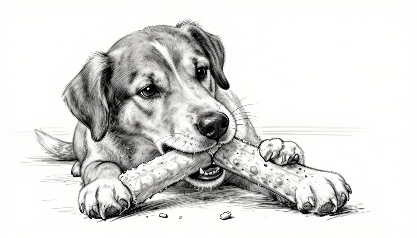 Hand-drawn grayscale sketch of a single dog in a living room, head tilted in relaxed pose, gnawing on a long dental chew stick with teeth scraping and small safe pieces breaking off. Focus on mouth and stick, clean white background, no text or watermarks.