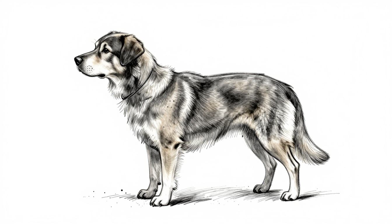 Close-up hand-drawn sketch of a dog intensely scratching its back on a carpet, with small black flea dirt particles falling from its fur. Natural pose in graphite linework style on white background.