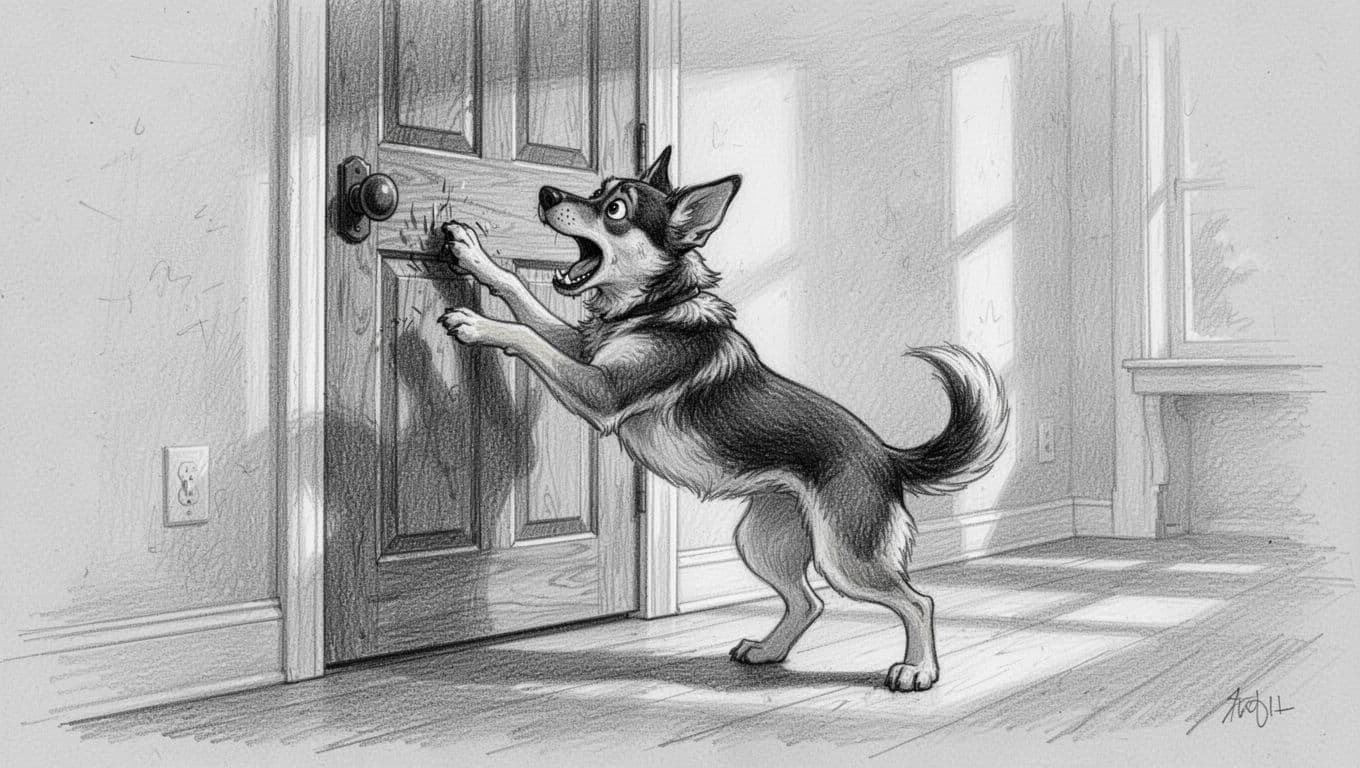 A medium-sized mixed-breed dog frantically scratches at a closed wooden front door in a bright hallway, showing separation stress with wide eyes, open mouth, tense body, and raised paw. Hand-drawn graphite sketch in grayscale tones with light shading on light gray paper.