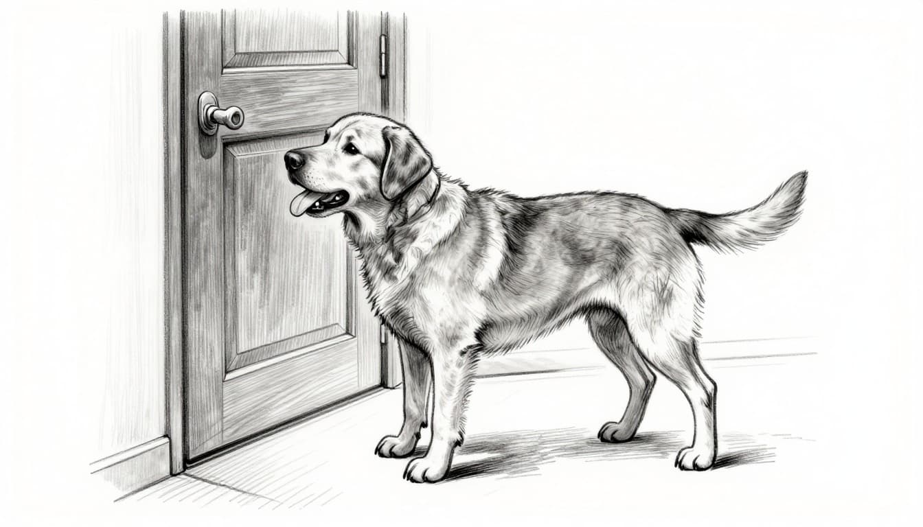 A lonely medium-sized dog like a Labrador scratches desperately at a closed wooden door in a bright hallway, displaying separation anxiety with perked ears, hanging tongue, and worried eyes. Hand-drawn graphite sketch in grayscale tones with light shading.
