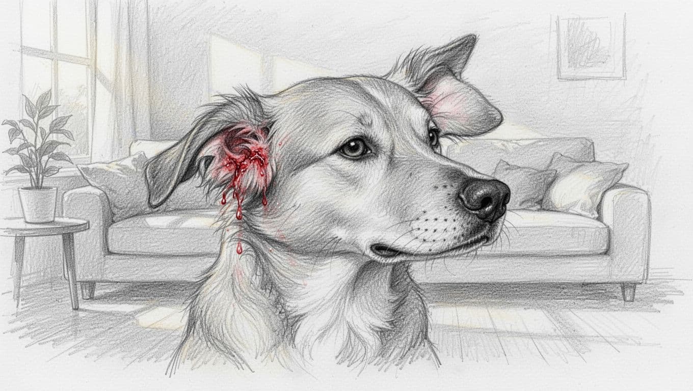Hand-drawn sketch of a dog shaking its head and scratching its ear, showing redness and discharge indicative of an ear infection, in a cozy living room setting.