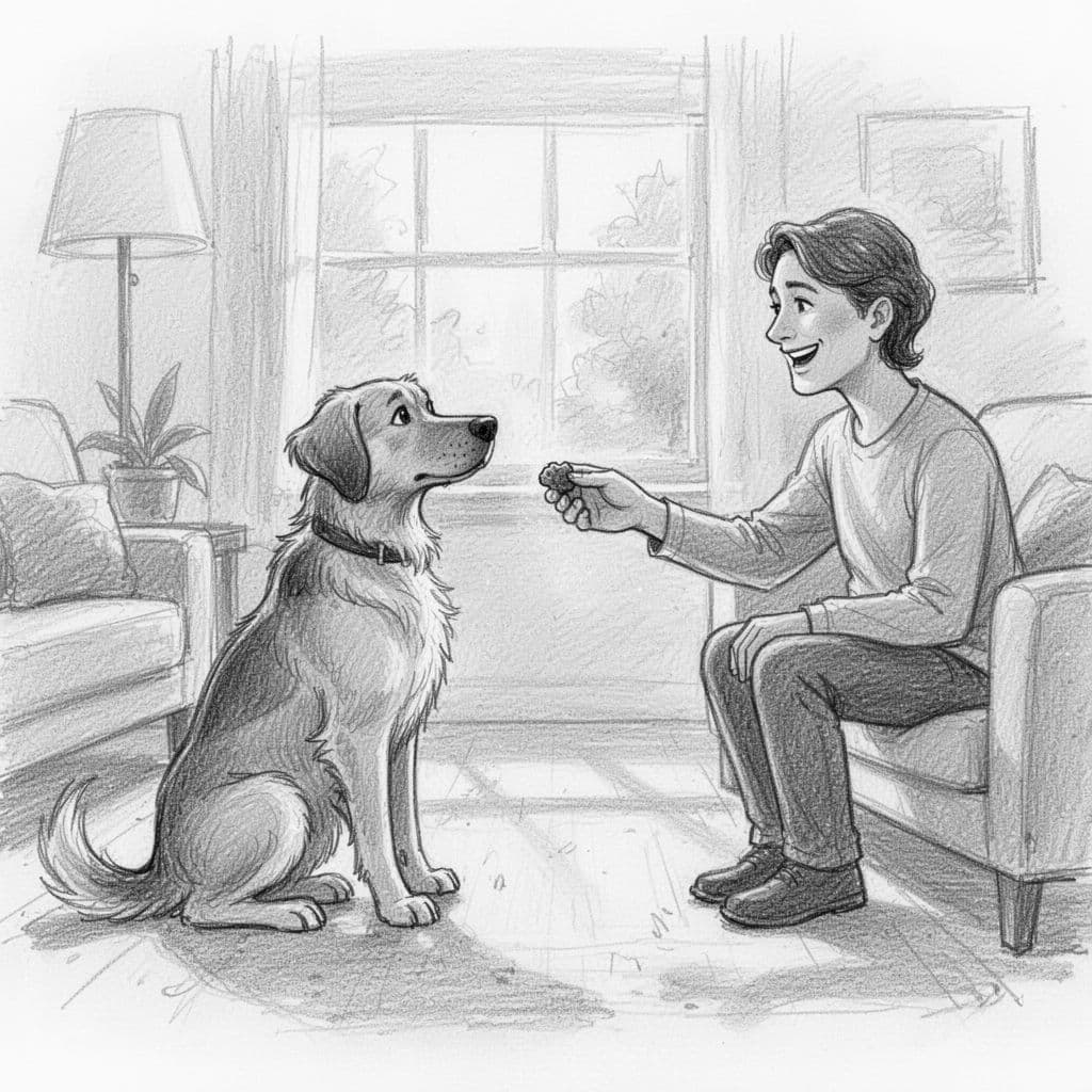 Adult dog sits frontally before owner holding treat in living room, graphite line sketch with light shading.
