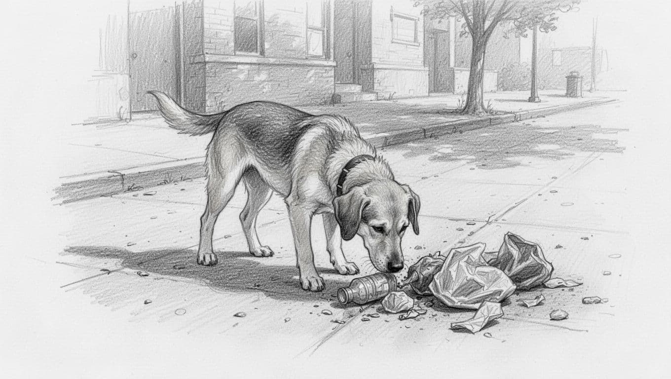 Pencil sketch of a dog calmly sniffing trash on urban sidewalk.