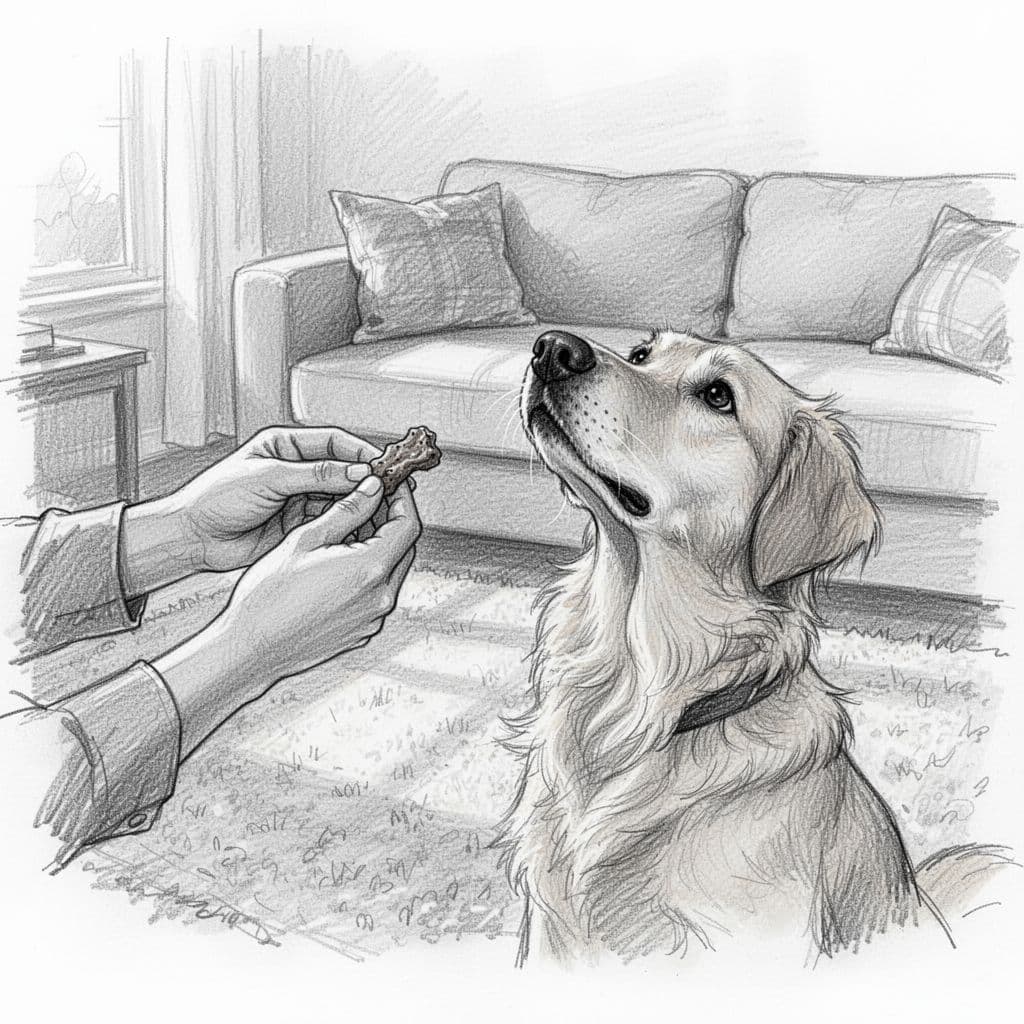 Hand holds treat as dog looks up intently, living room with carpet and sofa in background.