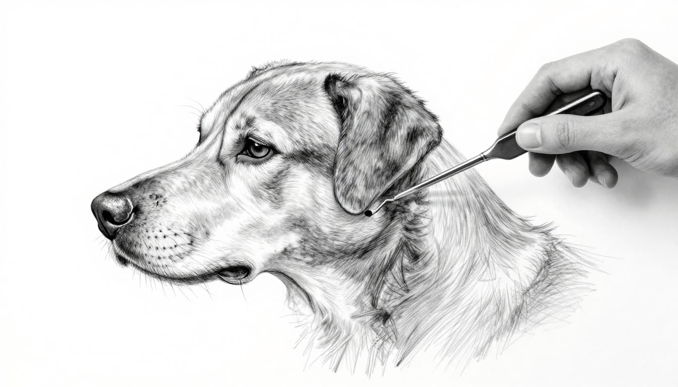 Hand-drawn graphite sketch of a calm dog's head with a hand using a fine tick hook to grip and pull a tick straight out at skin level, illustrating safe removal technique.