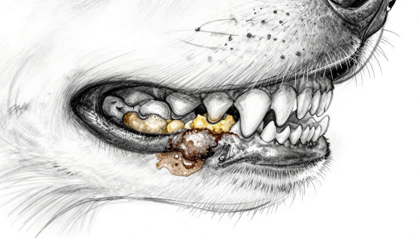 A close-up hand-drawn sketch of a dog's tooth showing the progression from soft yellow plaque along the gumline and back teeth to hardened brown tartar buildup, highlighting the gum edge and molars in graphite linework with light shading on a clean white background.