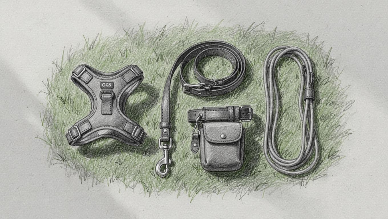 Top-down hand-drawn sketch of harness, leather leash, treat pouch on belt, and long line on grass.