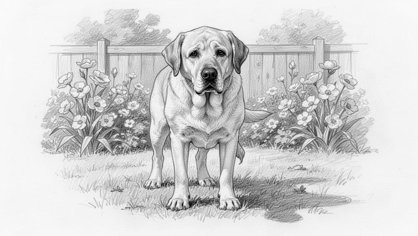 Hand-drawn sketch of an elderly Labrador dog showing confused expression and slight limp due to canine dementia and joint issues in a home garden with flowers and fence.
