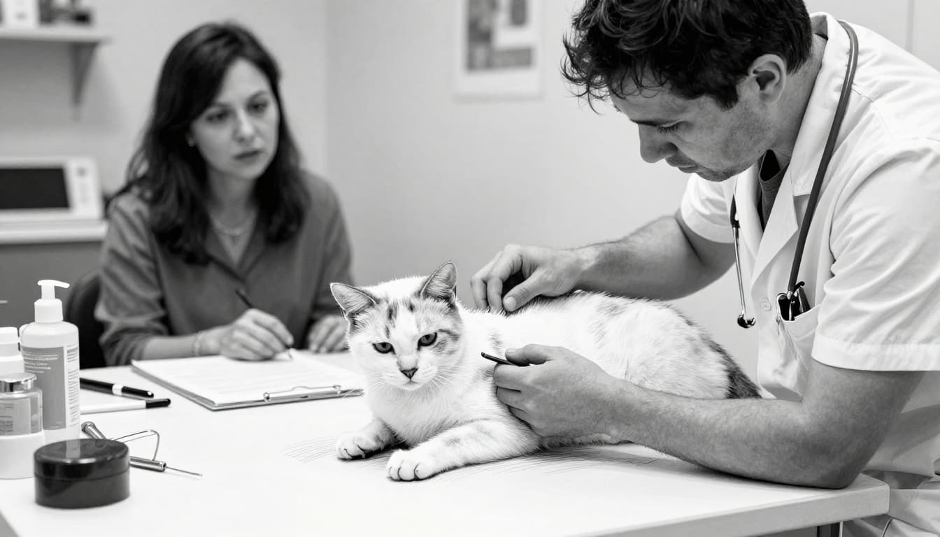 Veterinarian gently checking a cat's paw on an exam table in a dimly lit clinic at night, anxious owner watching, medical tools nearby. Hand-drawn graphite sketch with light shading, clean white background.