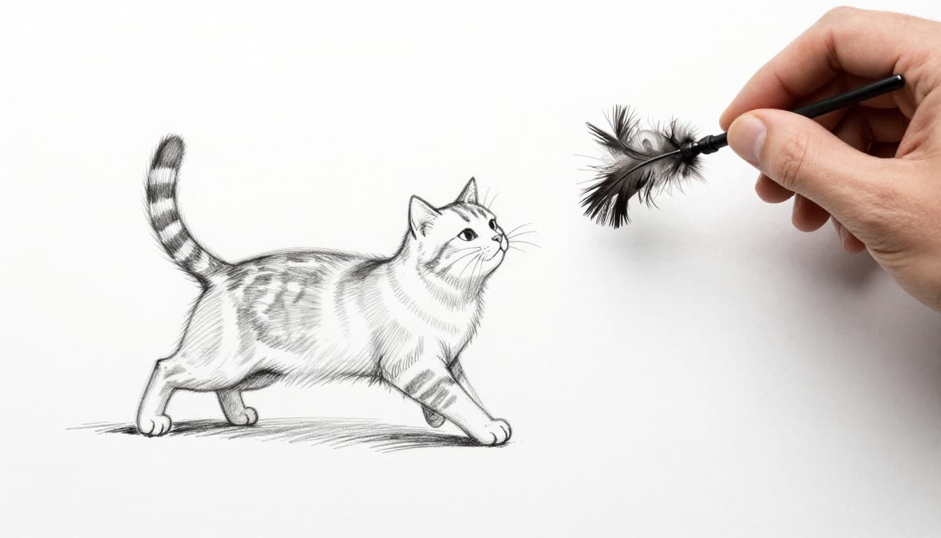 Hand-drawn graphite sketch of a cat leaping playfully at a feather toy held by a relaxed human hand in a cozy living room during evening, capturing a serene bedtime routine.