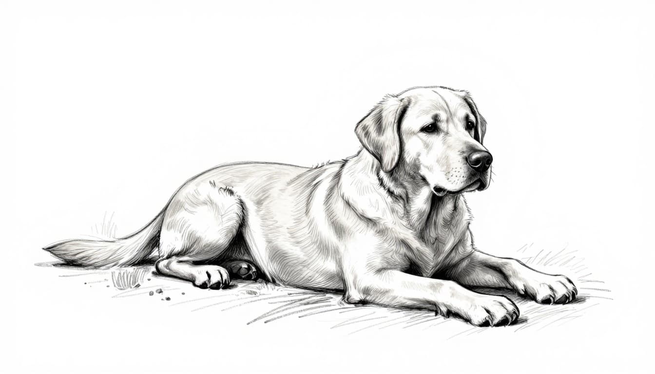 Hand-drawn sketch of a Labrador dog lying lethargically on a cool tile floor in warm summer sun, turning its muzzle away from a full food bowl right beside it.