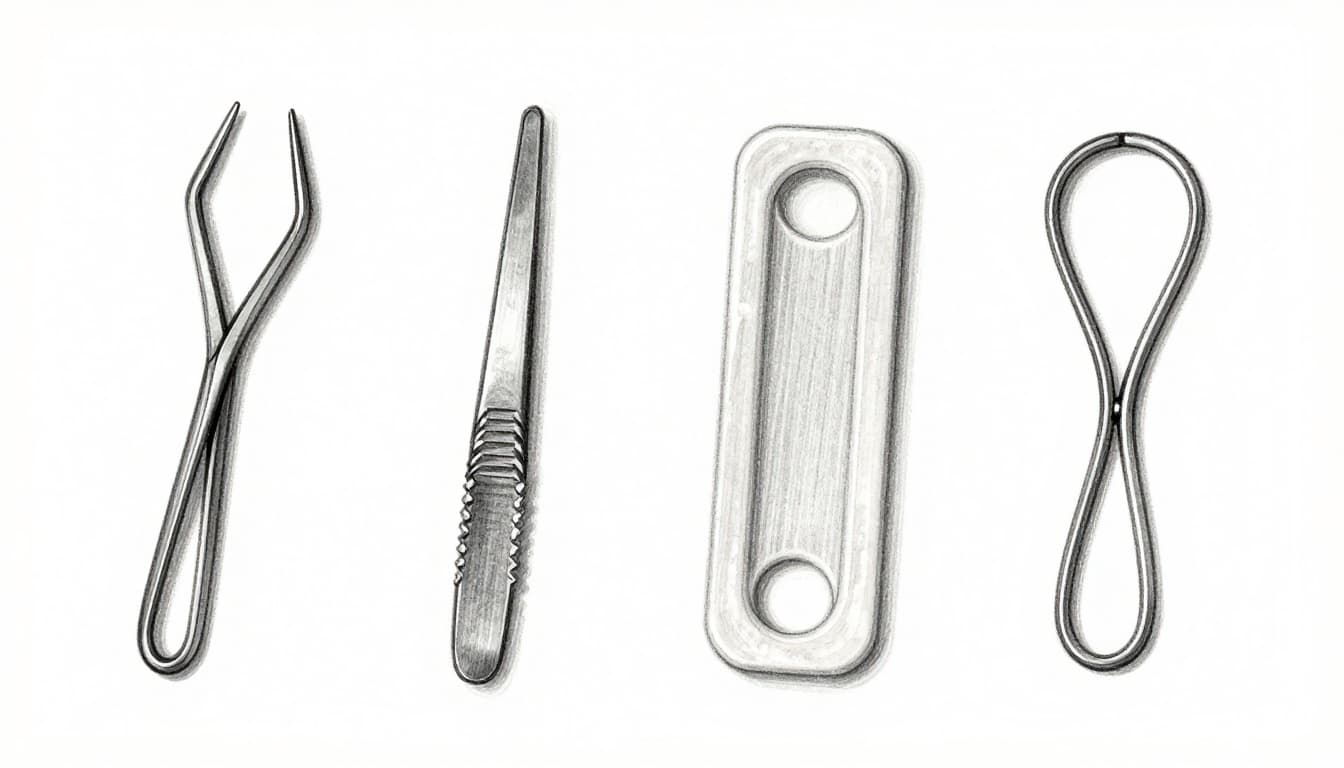 Hand-drawn graphite linework sketch with light shading depicting a top-down view of four tick removal tools—fine tick hook, angled-tip metal tweezer, plastic tick card, and wire loop—on clean white paper, monochromatic grays, simple and detailed.