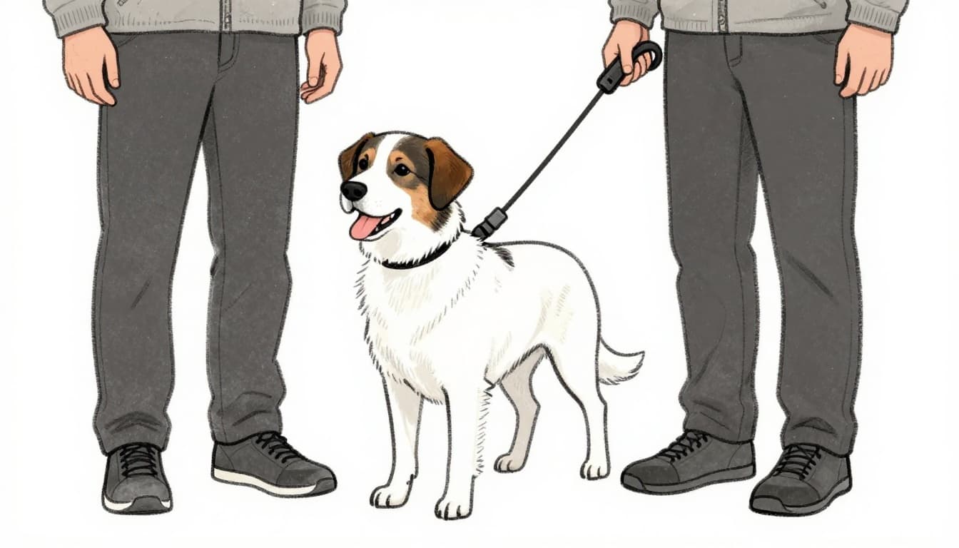 A friendly dog equipped with a well-fitting Y-harness and sturdy 1.5-meter leash stands calmly in the living room, with the owner holding the leash loosely; both appear relaxed in this hand-drawn graphite sketch.