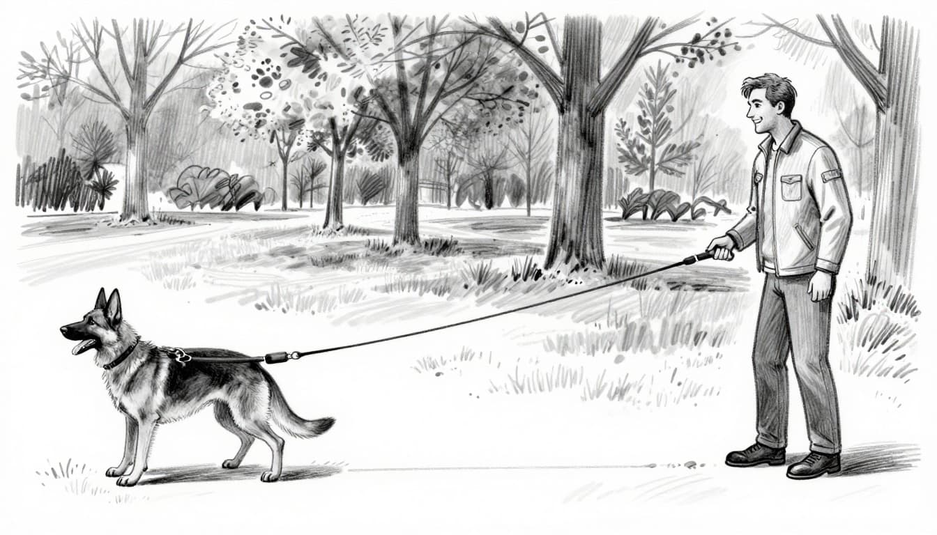 Side-view hand-drawn sketch of a smiling owner calling and gesturing to a German Shepherd in a park, with the dog turning attentively and a long dragline leash lying slack on the ground.