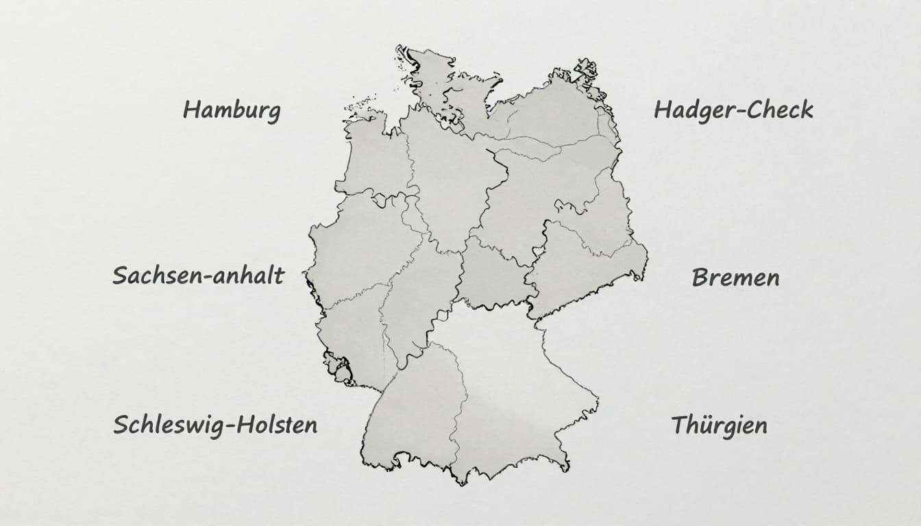 Simple hand-drawn outline map of Germany highlighting seven states—Berlin, Hamburg, Bremen, Niedersachsen, Sachsen-Anhalt, Schleswig-Holstein, Thüringen—with light shading for full dog liability insurance requirements, in clean graphite sketch style on light gray paper background, no labels or colors.