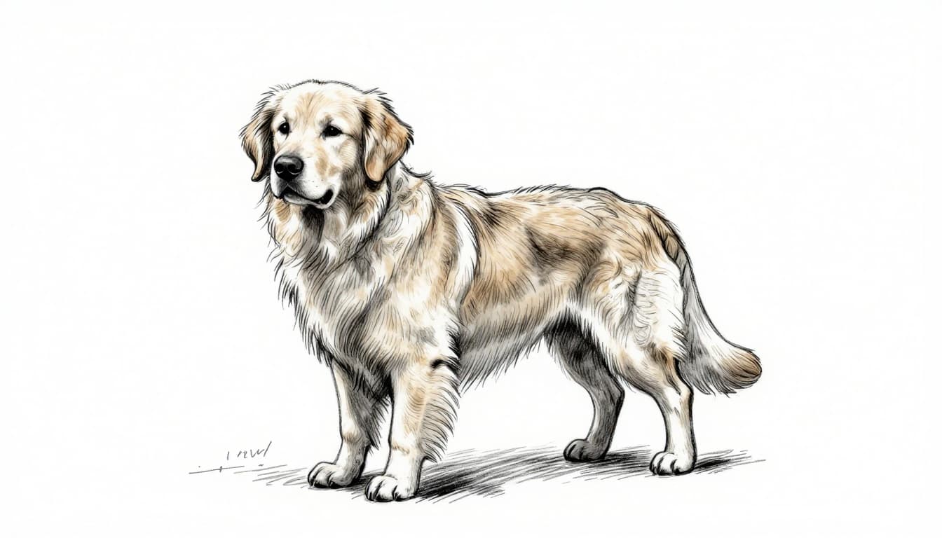 Hand-drawn sketch of a Golden Retriever dog recoiling from a food bowl with a pained expression, clutching its belly in a kitchen setting.