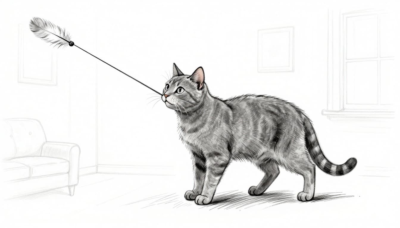 A single gray domestic cat jumps playfully mid-air after a feather on a fishing rod in a cozy living room with sofa and window, paws outstretched and eyes focused. Hand-drawn graphite sketch style with light shading on clean white paper background.