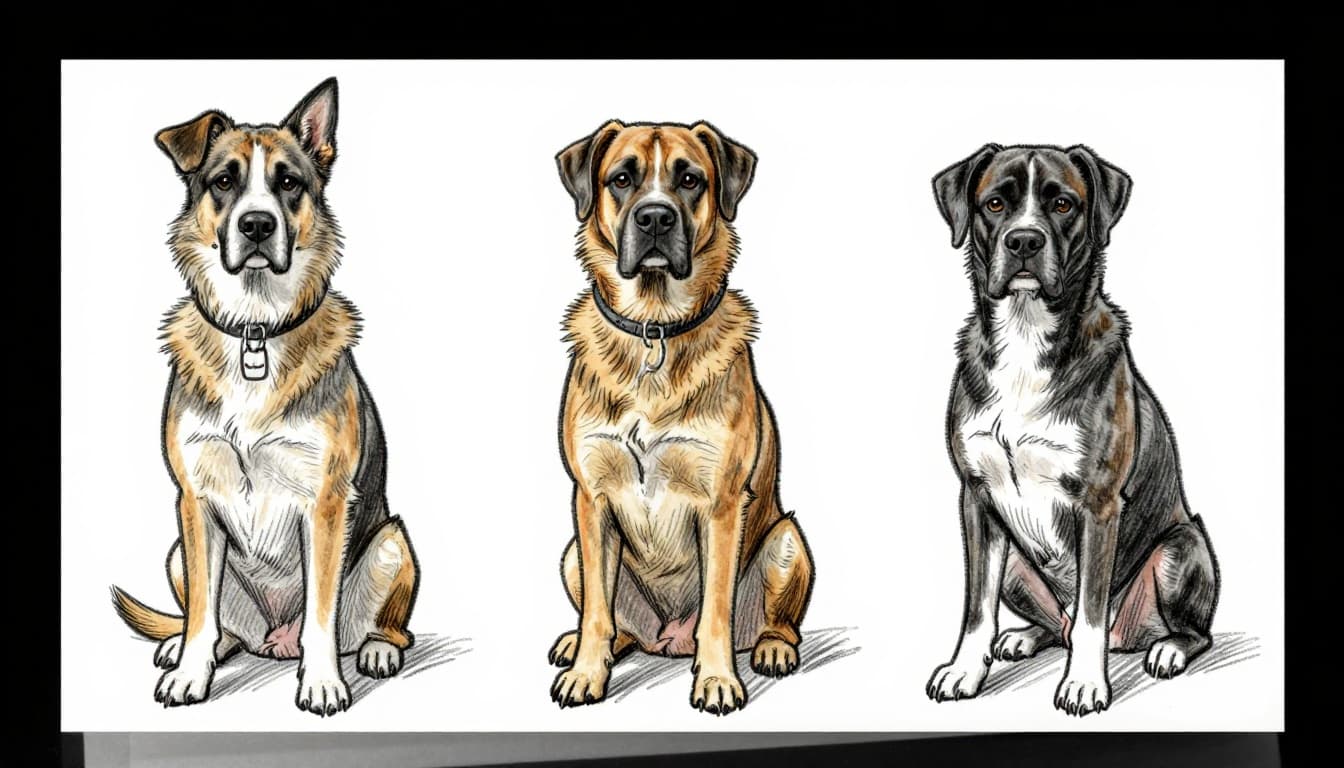 Hand-drawn monochrome sketch of Great Dane, German Shepherd, and Boxer standing side by side, focusing on their deep chests and body structures in calm poses.