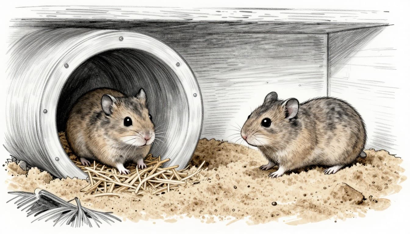 Hand-drawn grayscale sketch of a hamster burrowing a stable tunnel in 25 cm deep hemp-paper bedding beside a dwarf hamster rolling in a sand bath, on wooden enclosure floor, close-up texture focus.
