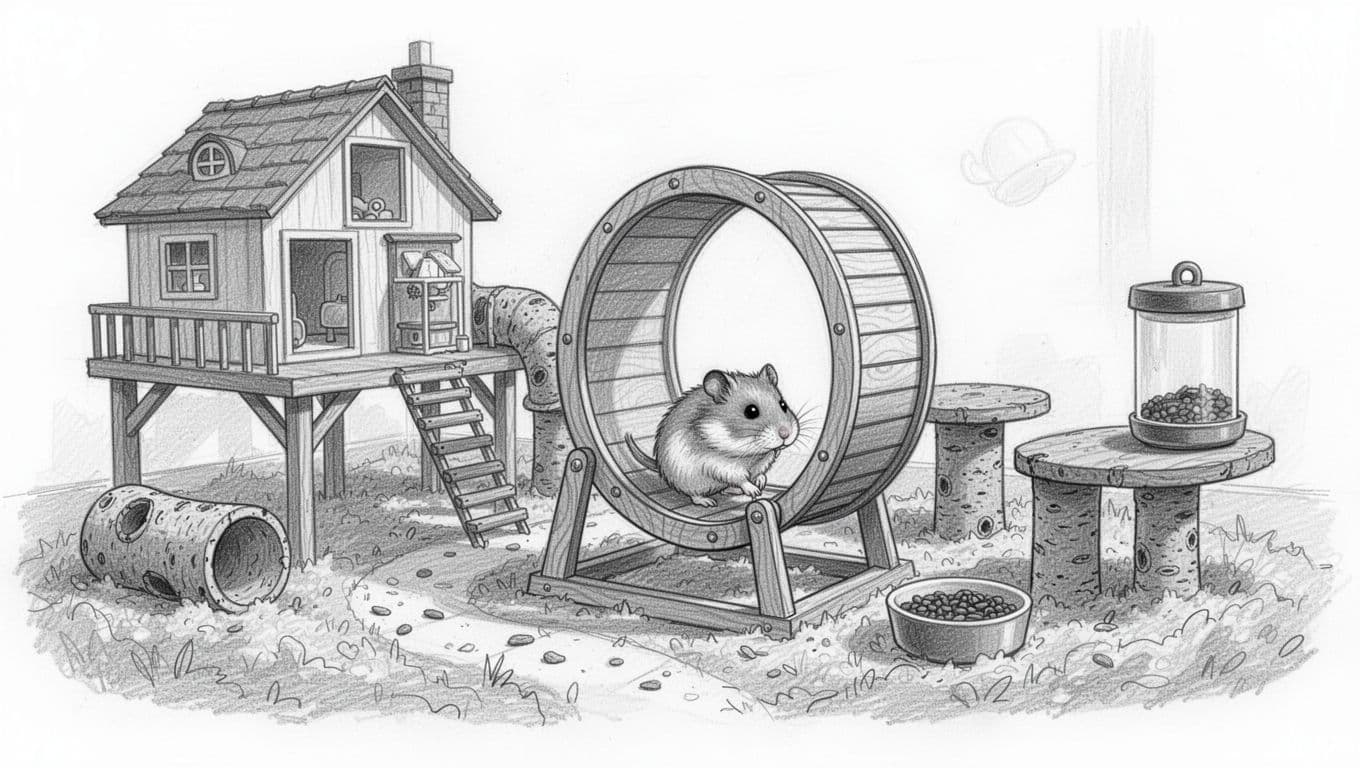 Side view of a well-equipped hamster enclosure featuring a large wooden running wheel with a hamster running inside, multi-chamber house on stilts, cork tunnels, platforms, and food stations in deep bedding. Hand-drawn graphite sketch with light shading in grayscale tones on a clean white background.
