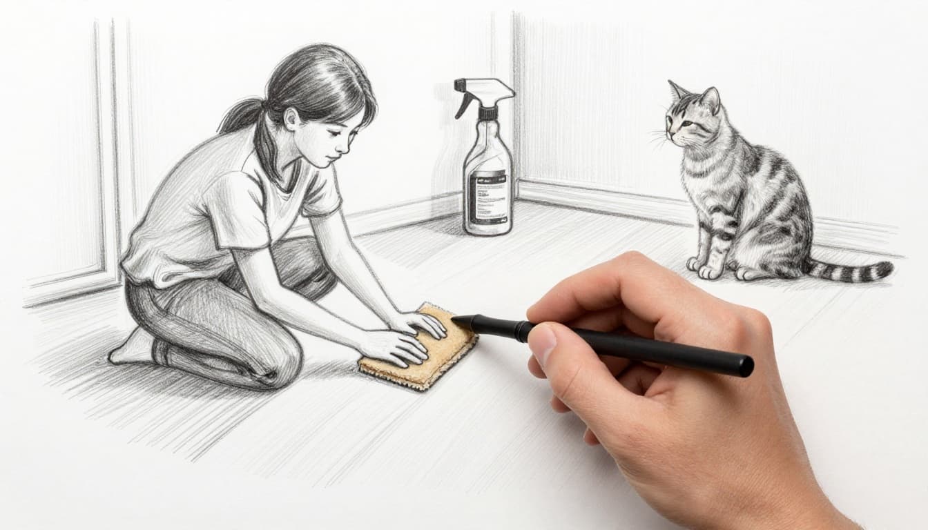 Hand-drawn sketch depicts a relaxed hand using a sponge to clean a small stain on a wooden apartment floor, with an enzyme cleaner spray bottle nearby and a cat observing from the background amid furniture.