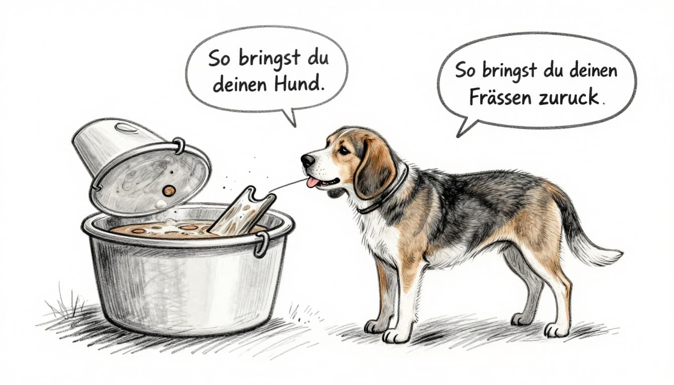 A joyful Beagle dog eagerly eats from a food bowl next to a broth dish, tail wagging happily, in a simple home kitchen. Hand-drawn graphite sketch with light shading on clean white background.