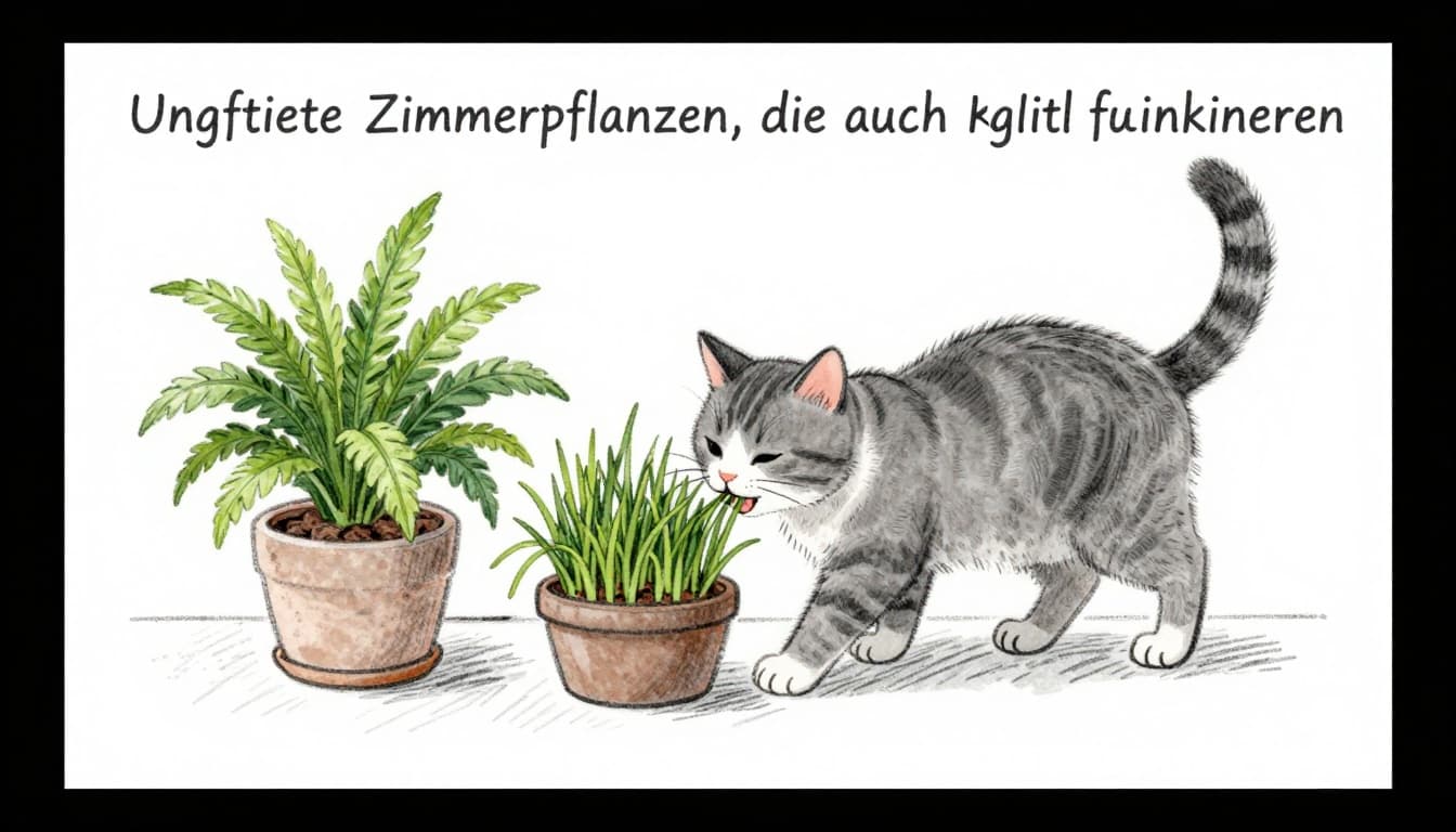 Hand-drawn grayscale sketch of a happy cat playfully nibbling on cat grass in a sunny windowsill pot, surrounded by safe houseplants like spider plants and ferns.