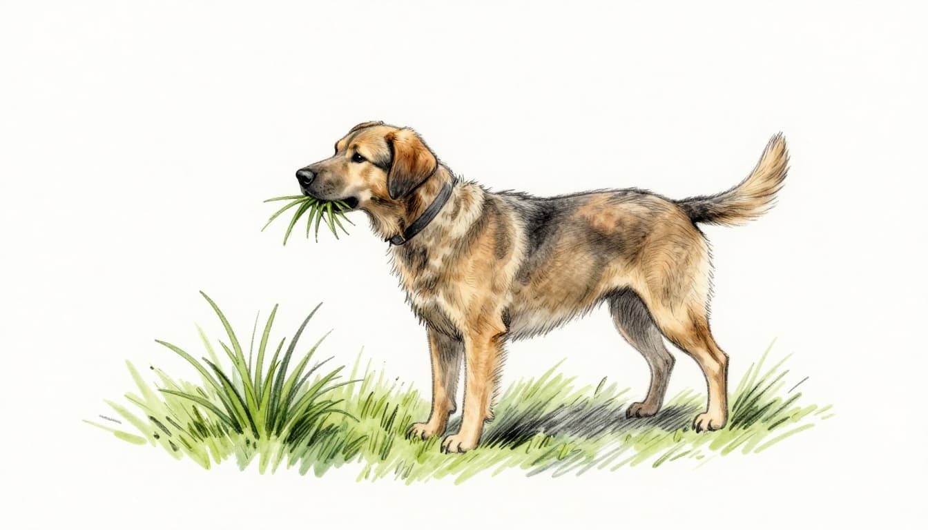 A cheerful dog bends down naturally to munch on a blade of grass on a sunny meadow, in a relaxed pose with a wagging tail. Hand-drawn sketch style featuring graphite linework, light shading, and a clean white paper background.