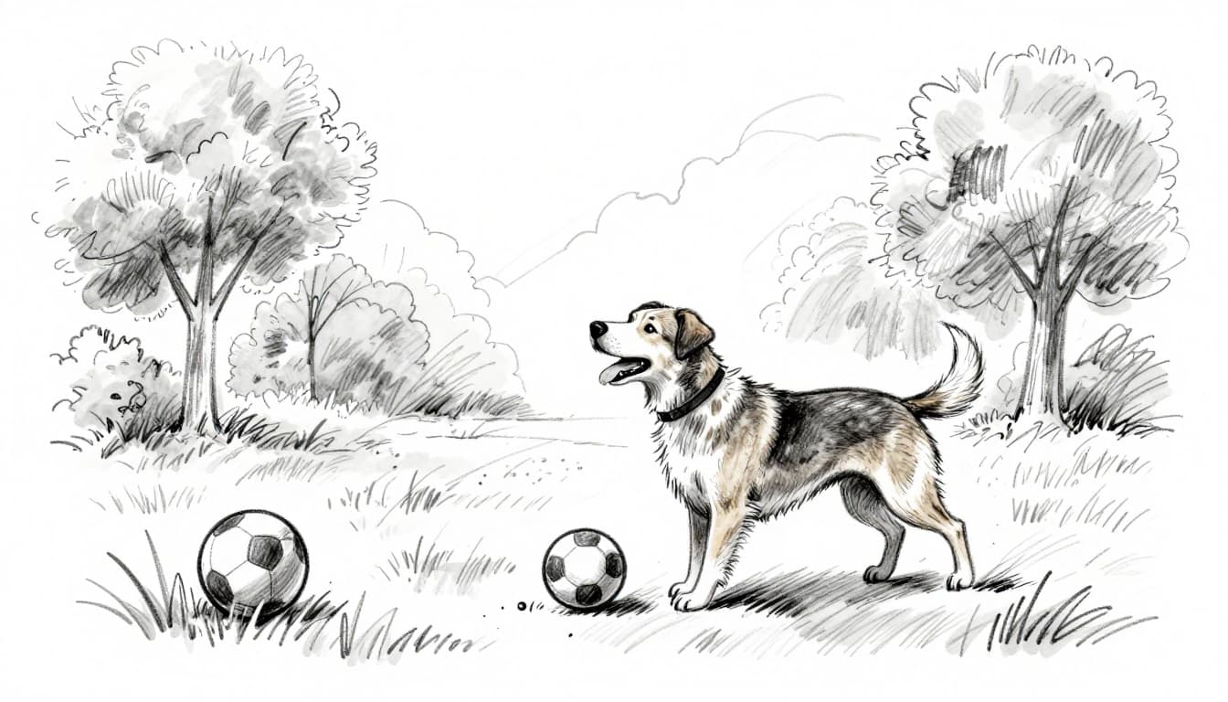 A cheerful dog leaps high with a wagging tail to catch a ball in a sunny park surrounded by grass and trees, capturing dynamic movement in a hand-drawn graphite sketch style with light shading on a clean white background.