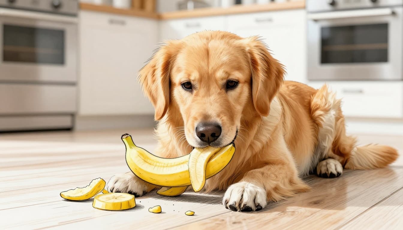 Hand-drawn graphite sketch of a joyful golden retriever happily eating a banana slice in a sunny kitchen, focusing on the dog's face and fruit to illustrate safe treats for dogs.