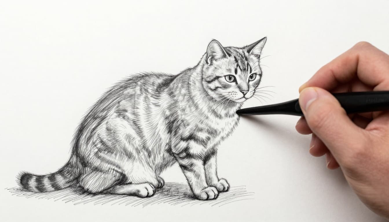 A calm house cat with medium-length fur sits on a soft cloth on the floor as a single human hand gently brushes its back with a soft brush, causing loose hairs to fall. Hand-drawn graphite-style sketch with fine lines, light shading, and a clean white background in monochrome grayscale.