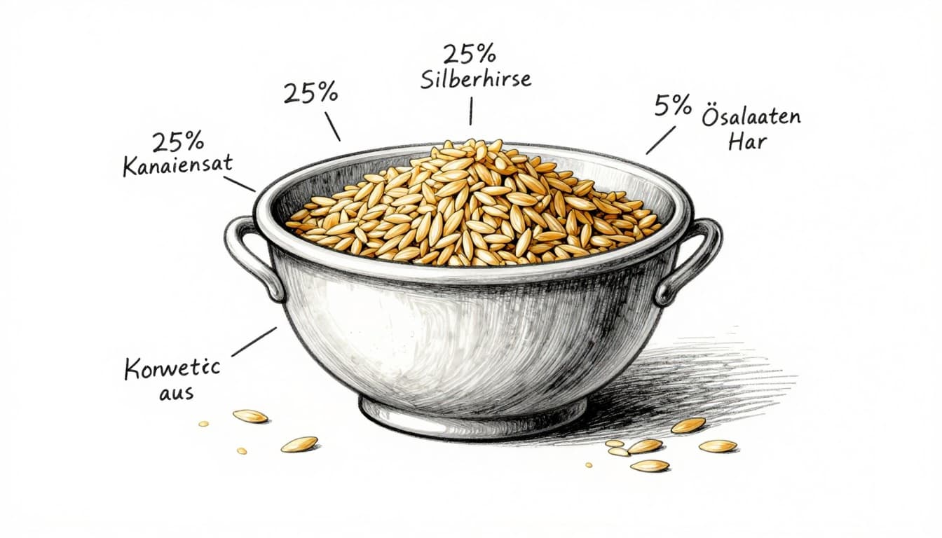 Hand-drawn graphite sketch of a bowl with optimal grain mix for budgerigars: 25% canary seed, 25% silver millet, 45% other millets, and 5% oil seeds like oats. Centrally placed on clean white paper with fine lines, light shading, and natural light.